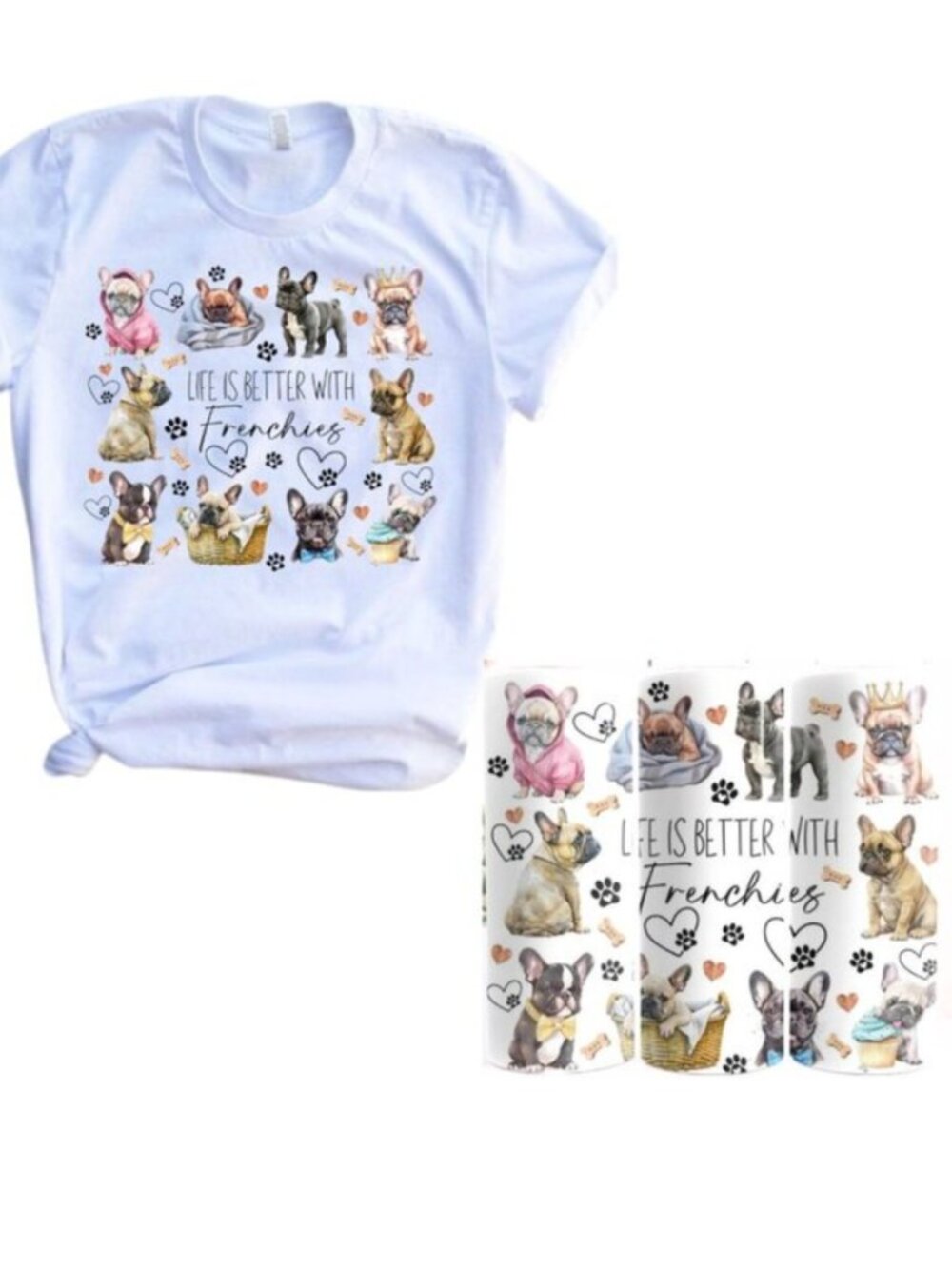 Frenchie Dog Graphic Shirt and 20oz Skinny Tumbler Gift Bundle Matching Gift Set